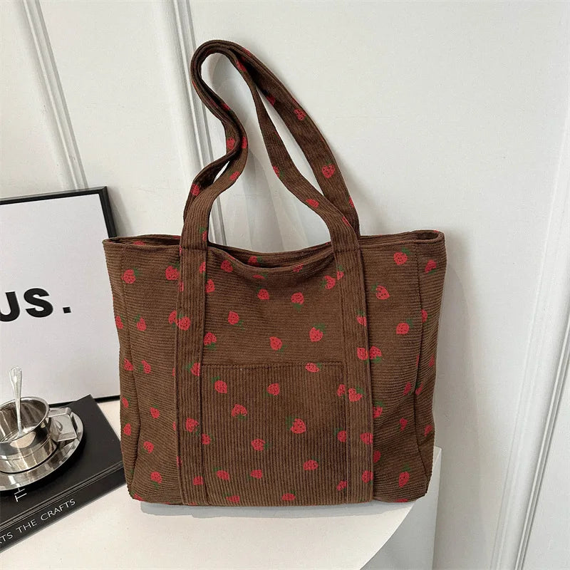 Corduroy Strawberry Print Tote Bag