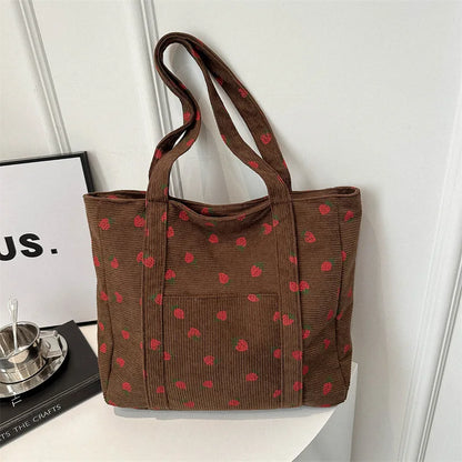 Corduroy Strawberry Print Tote Bag
