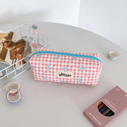 Fresh Plaid Bow Print Pencil Case