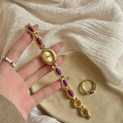 Oval Gemstone-Style Quartz Bracelet Watch