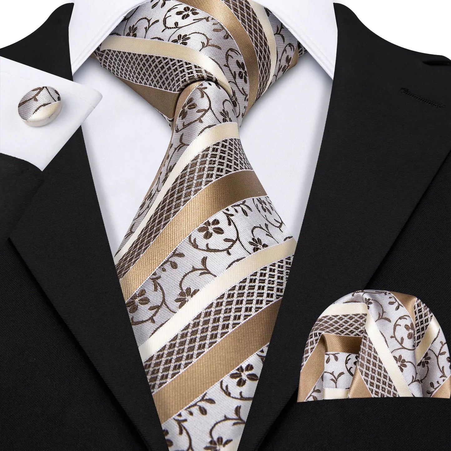 Barry Wang Jacquard Striped Silk Men's Tie Pocket Square Cufflinks Set