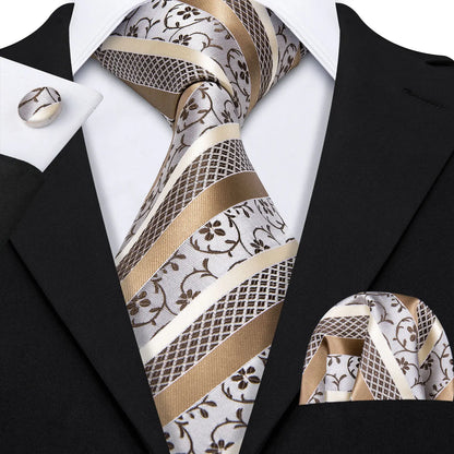 Barry Wang Jacquard Striped Silk Men's Tie Pocket Square Cufflinks Set