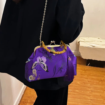 Luxury Embroidered Evening Handbag with Bamboo Handle