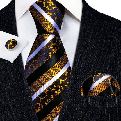 Barry Wang Jacquard Striped Silk Men's Tie Pocket Square Cufflinks Set