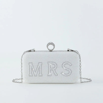 Women’s Pearl Beaded “I Do” Wedding Clutch with Chain Strap