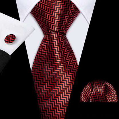 Barry Wang Jacquard Striped Silk Men's Tie Pocket Square Cufflinks Set