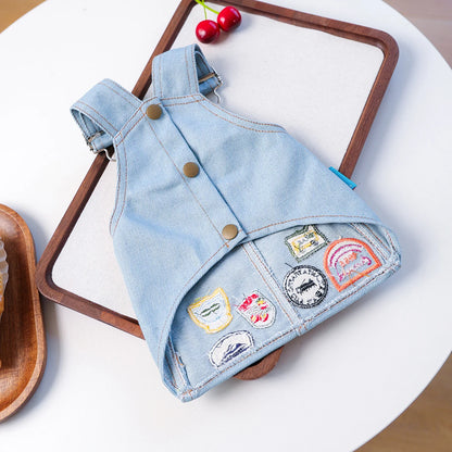 Retro Denim Pet Dress with Badge Patches