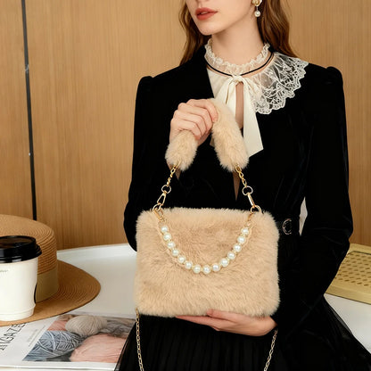 Pearl Chain Plush Shoulder Bag