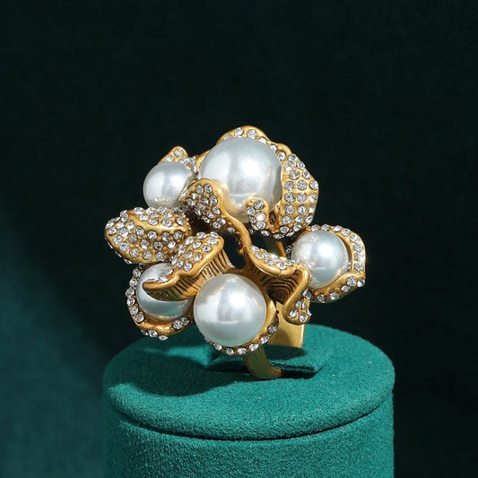 Vintage 18K Gold-Plated Floral Pearl Cocktail Ring