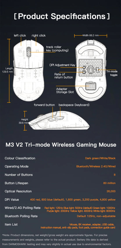 Darmoshark M3 V2 Ultralight Gaming Mouse with PAW3395 Sensor & 8K Polling