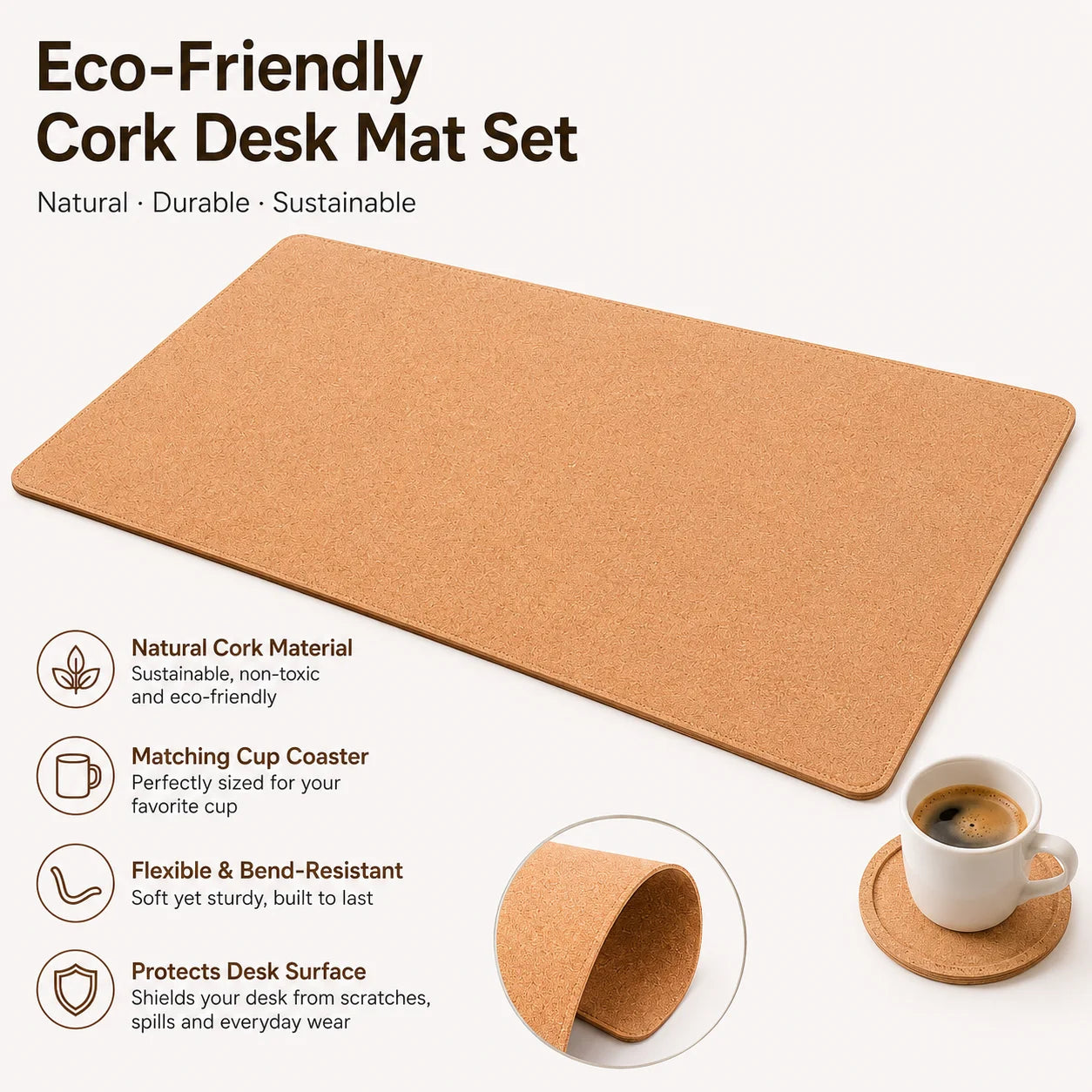 Natural Cork Desk Mat & Coaster Set