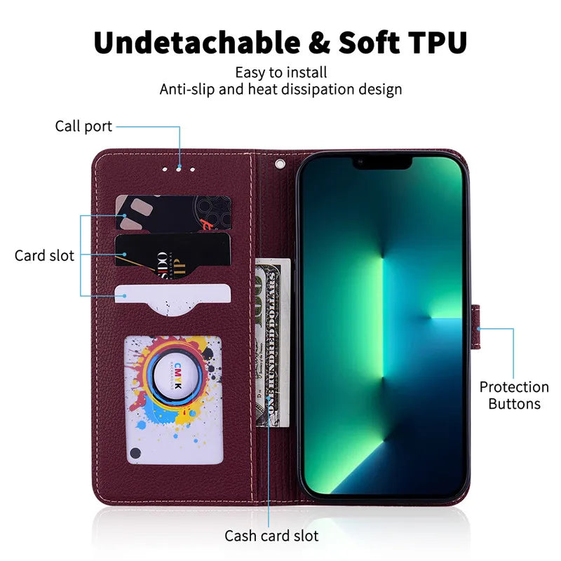 Leather Wallet Flip Case For Redmi 12 4G Cover Protector