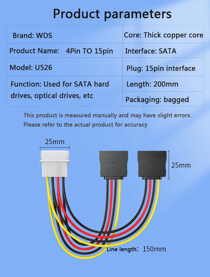 Dual SATA 15-Pin & 4-Pin Molex Power Splitter Cable for PC Hard Drives and SSDs