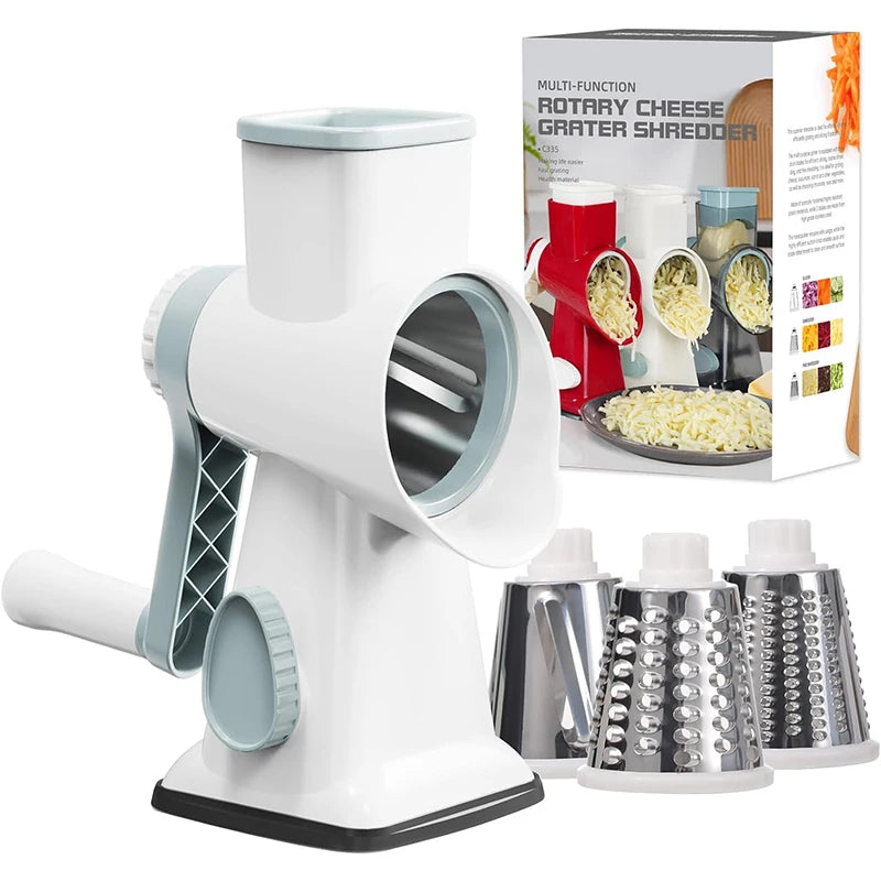 3-in-1 Rotary Cheese Grater & Vegetable Slicer with Stainless Steel Blades