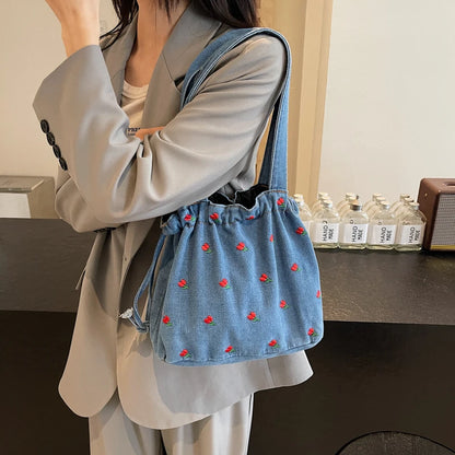 Embroidered Denim Drawstring Shoulder Tote Bag
