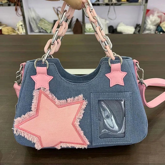 Denim Star Patch Hobo Shoulder Bag