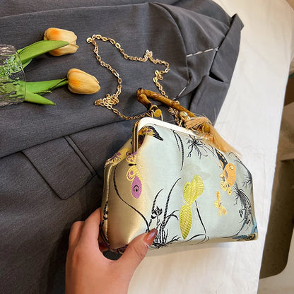 Luxury Embroidered Evening Handbag with Bamboo Handle
