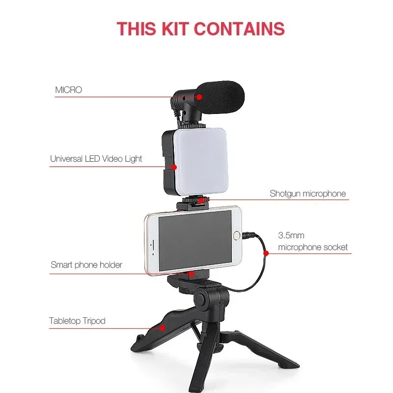 Mobile tripod kit with microphone LED