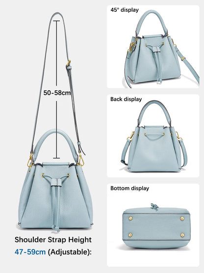 Genuine Leather Top-Handle Bucket Bag