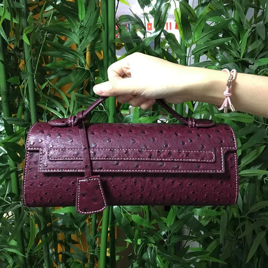 Embossed Ostrich Print Top Handle Handbag