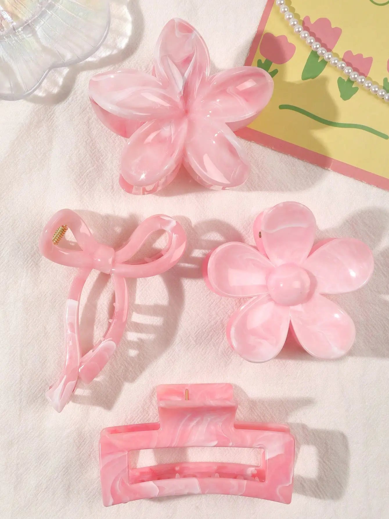 Burgundy Bow Flower Hair Claw Clips Set