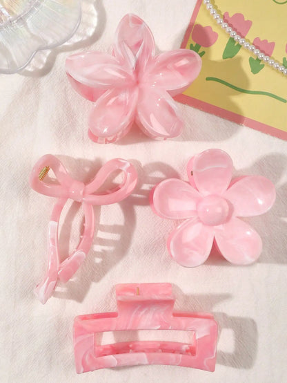 Burgundy Bow Flower Hair Claw Clips Set