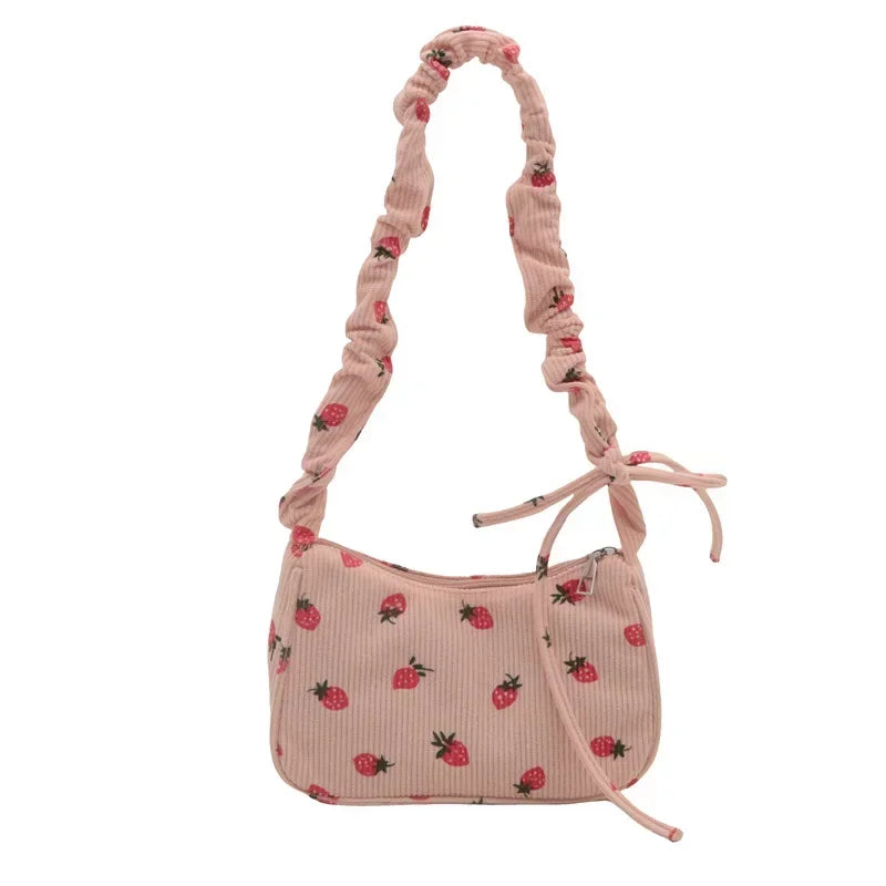 Strawberry Print Corduroy Mini Shoulder Bag