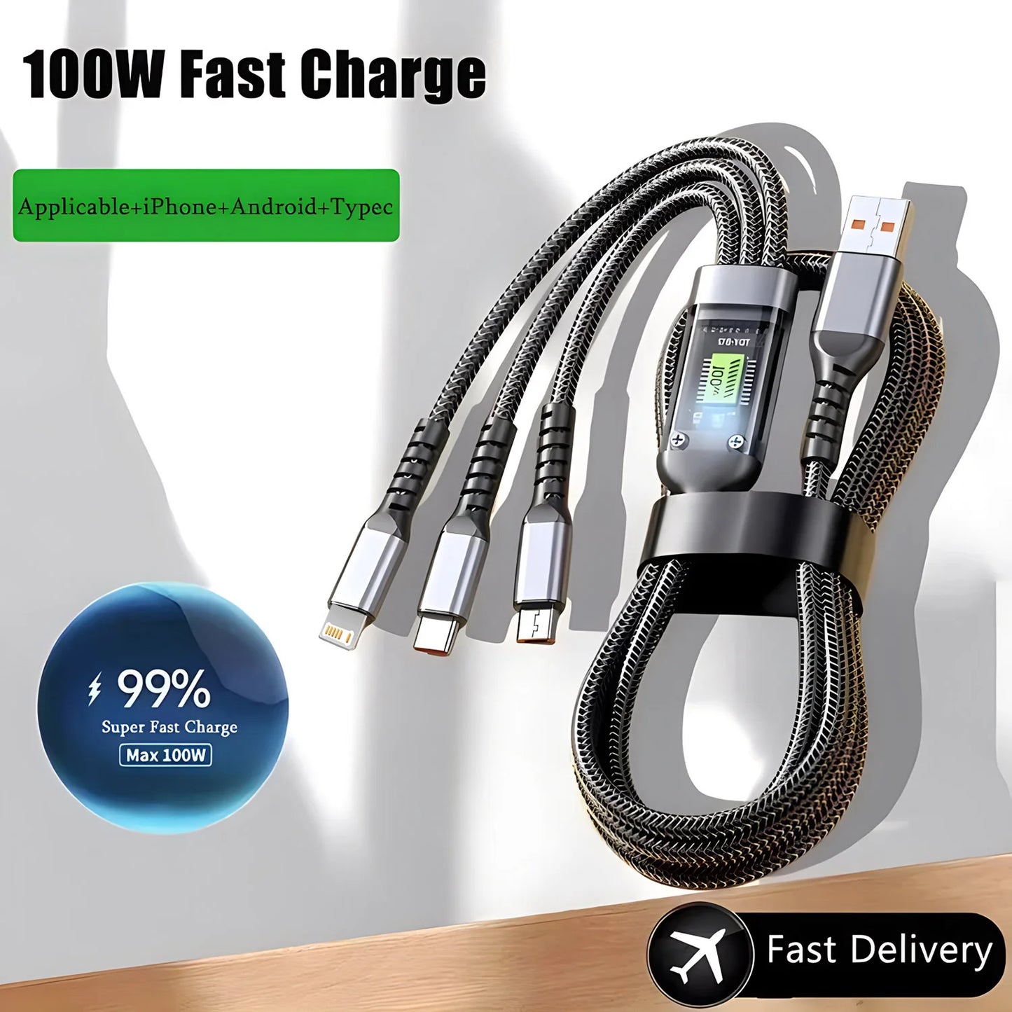 3-in-1 Fast Charging USB Cable – USB-A to Lightning, USB-C & Micro USB