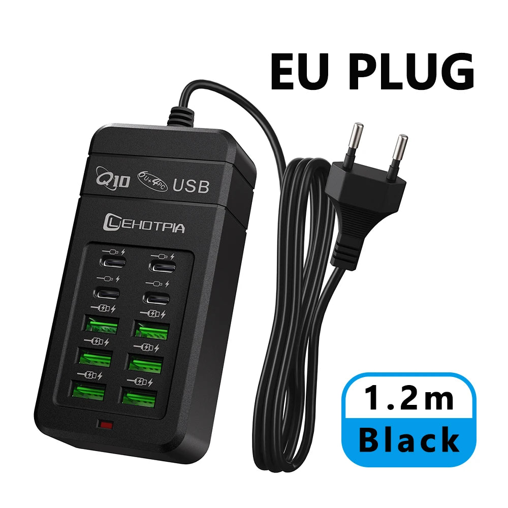 10-Port USB Charging Station with Multi-Plug Adapter