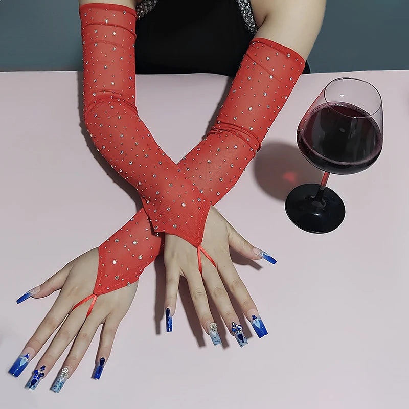 Women’s Rhinestone Mesh Long Gloves