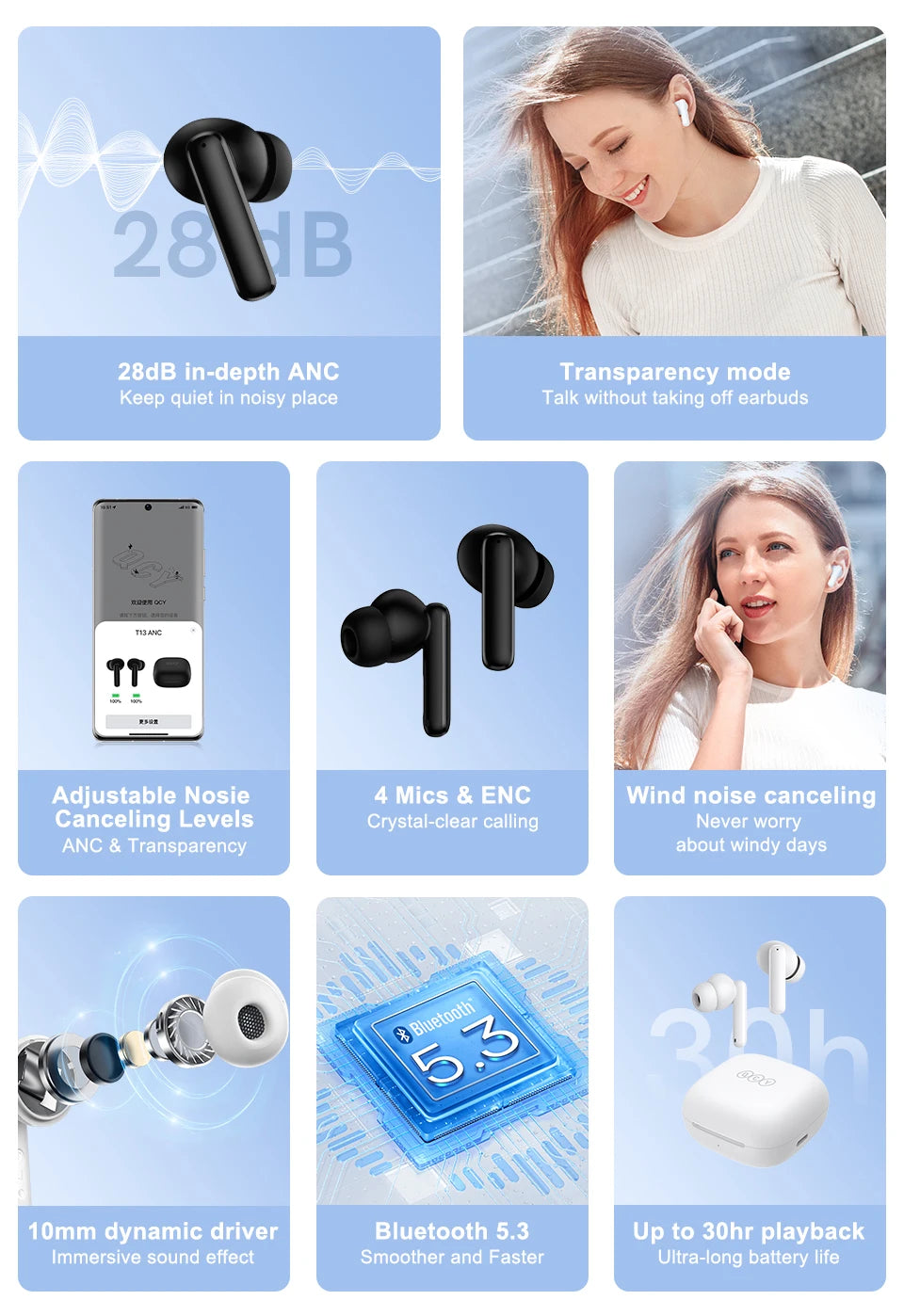 Bluetooth 5.3 Noise Cancelling Earphones with 30-Hour Battery