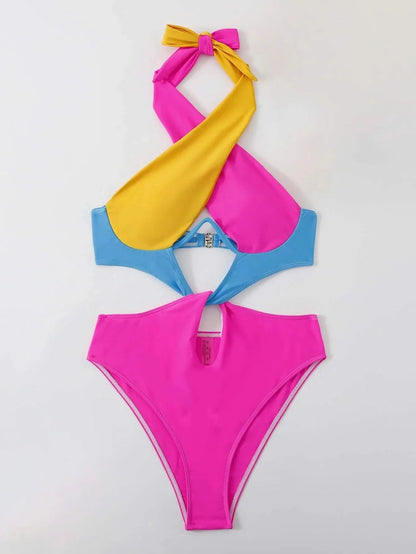 Cikini-Colorblock Cut Out Tie Back Underwire Swimsuit