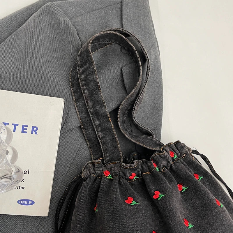 Embroidered Denim Drawstring Shoulder Tote Bag