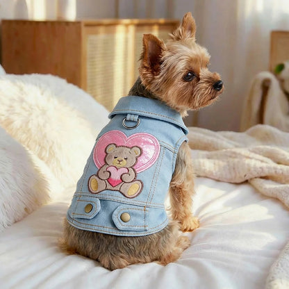 Heart Hug Bear Denim Dog Vest with D-Ring
