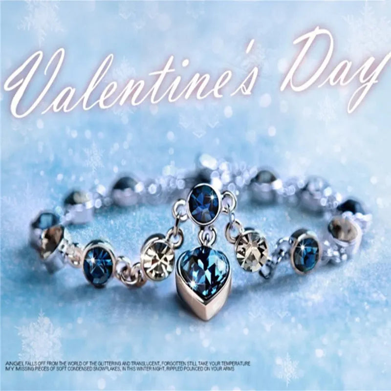 Women Silver Color Blue Crystal Heart Bracelet