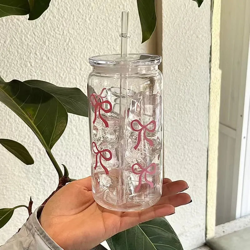 Butterfly Bow Glass Tumbler with Straw & Leakproof Lid