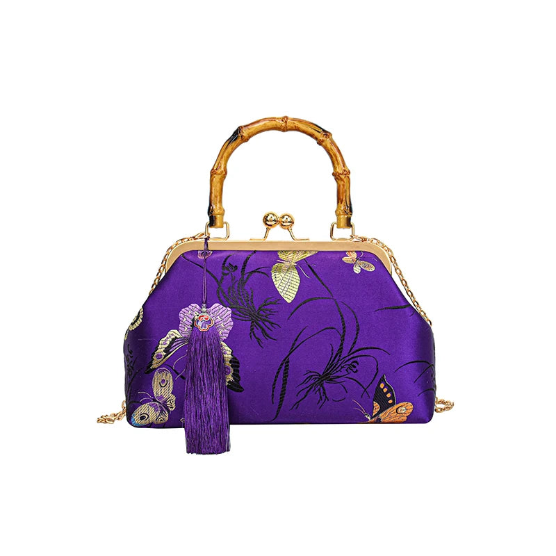 Luxury Embroidered Evening Handbag with Bamboo Handle