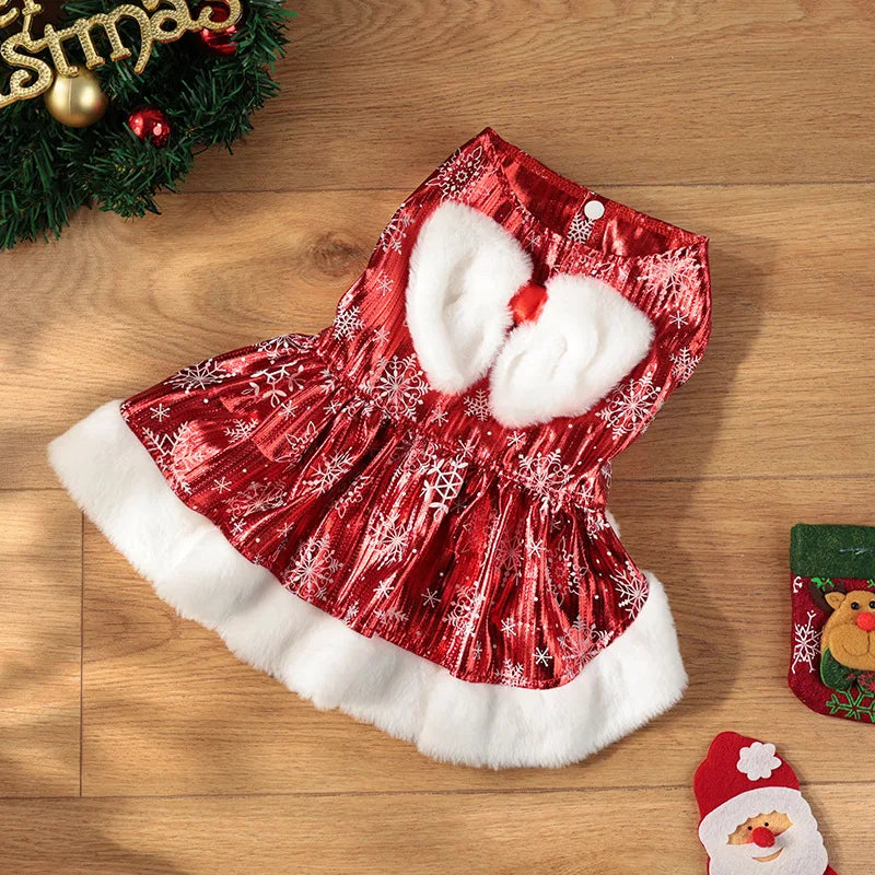 Christmas Dog Dress with Bow & Faux Fur Trim