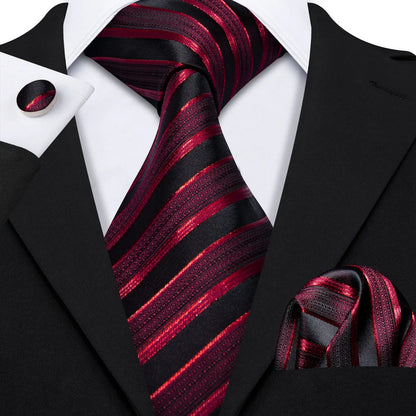 Barry Wang Jacquard Striped Silk Men's Tie Pocket Square Cufflinks Set
