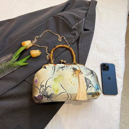 Luxury Embroidered Evening Handbag with Bamboo Handle