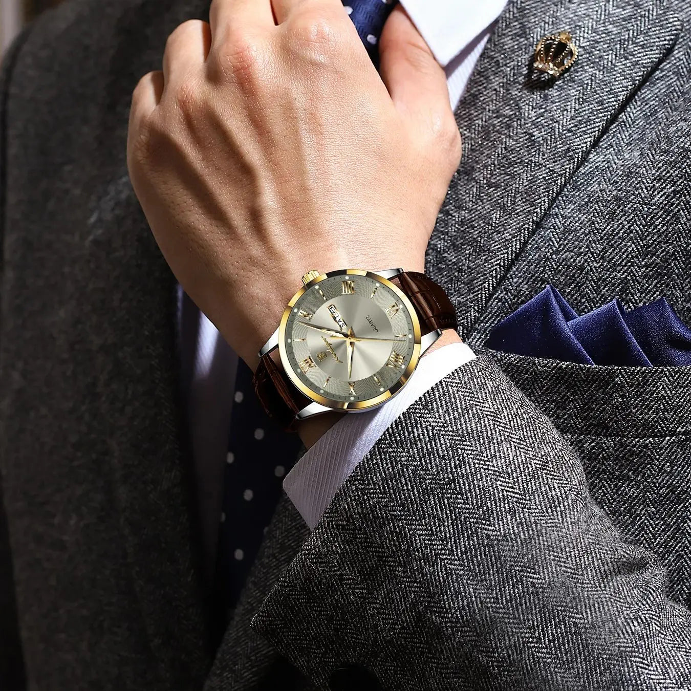 Men's Leather Quartz Watch with Date & Week Display