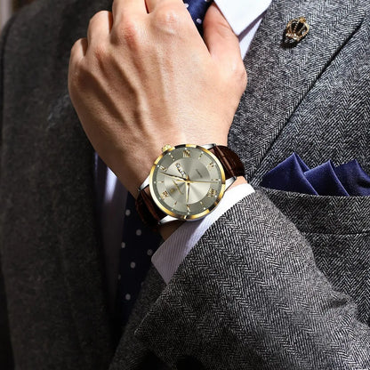 Men's Leather Quartz Watch with Date & Week Display