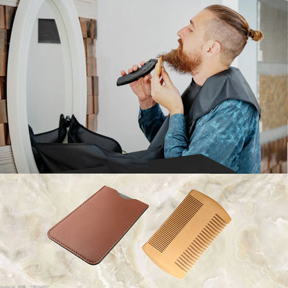 Wood Beard & Hair Comb with Leather Case