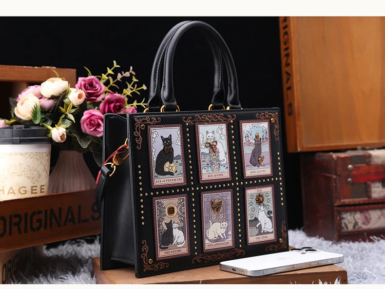 Vintage Cat Print Leather Tote Bag