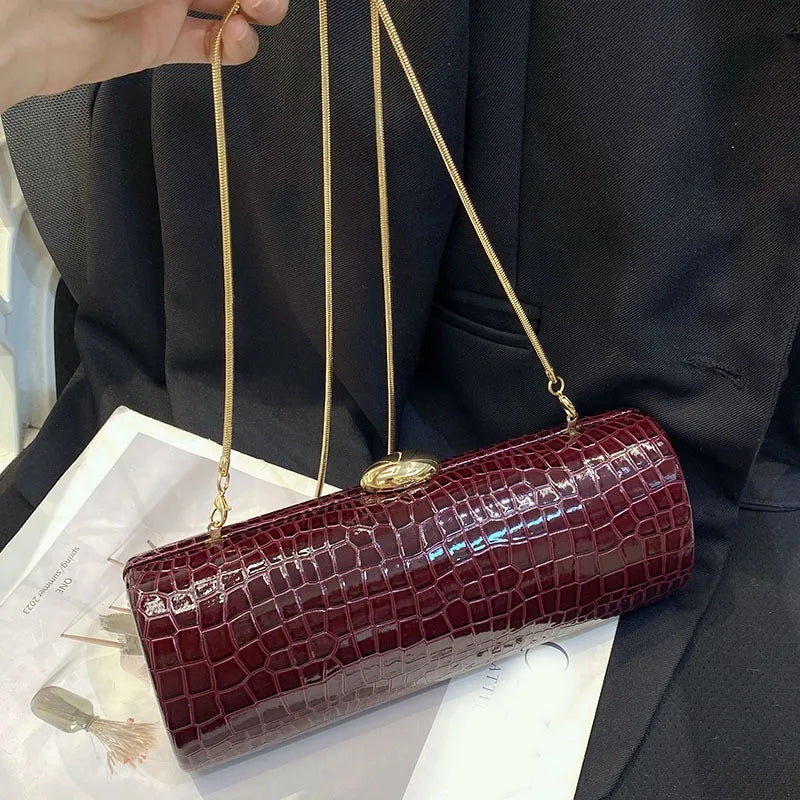 Burgundy Croc-Embossed Evening Clutch