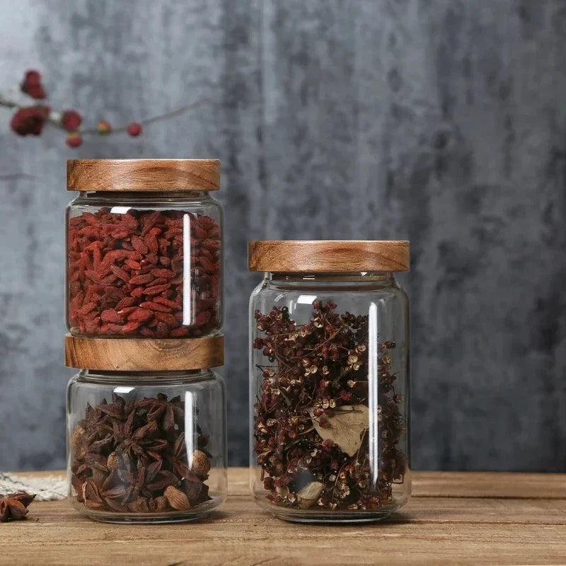 Japanese Style Glass Storage Jar with Wooden Lid