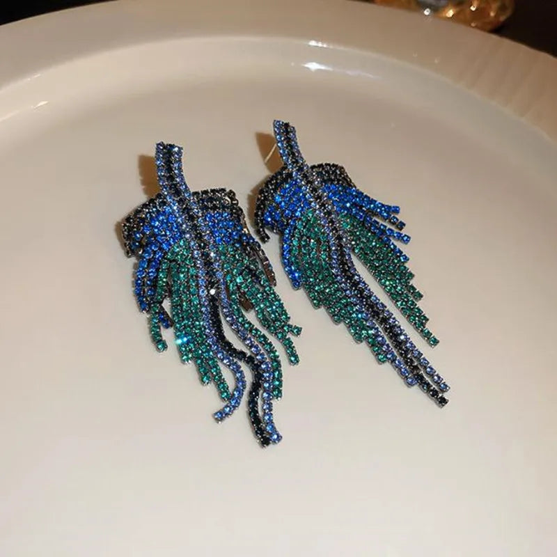 Blue Crystal Long Tassel Drop Earrings