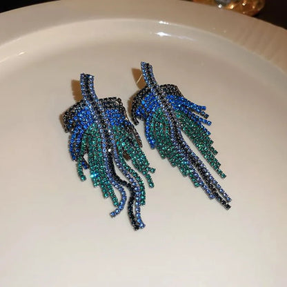 Blue Crystal Long Tassel Drop Earrings