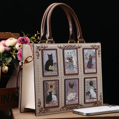 Vintage Cat Print Leather Tote Bag