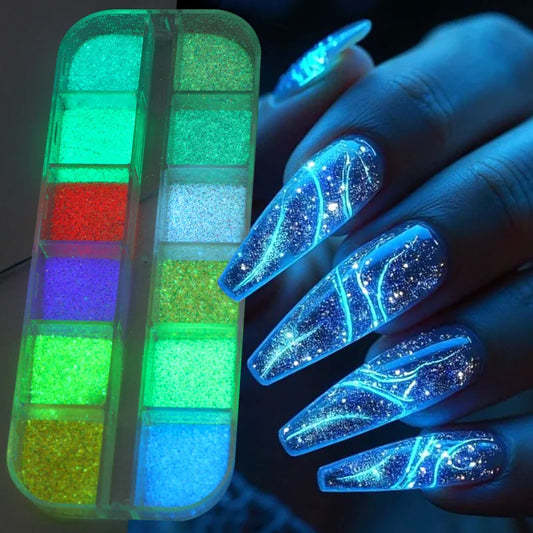 12 Grid Glow Nail Art Glitter Powder